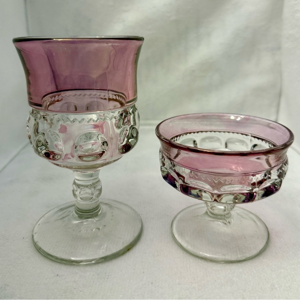 Two Vintage Pink Tiffin-Franciscan, King's Crown-Glass Goblets/Thumbprint Design